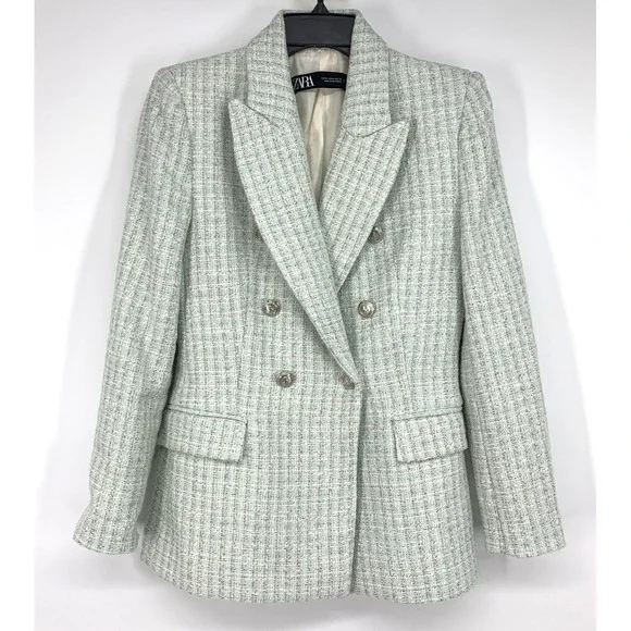 Zara Blazer Tweed Double Breasted Light Blue Blogger Fave Womens Size Medium - Picture 4 of 15